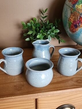 Handcrafted Light Blue Ceramic  Mugs Creamer Sugar Bowl - Set of 4